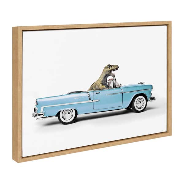 Kate and Laurel Sylvie Dino Driving 1958 Blue Corvette by Saint and Sailor Studios Natural Framed Art Print 18 in. x 24 in.