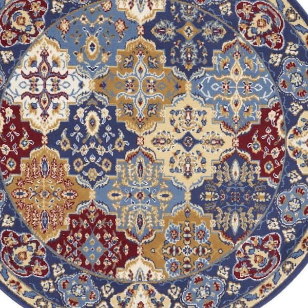 5 ft. Round Blue Trellis Washable Area Rug