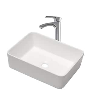 19 in . Vessel Bathroom Sink in White Ceramic with Chrome Faucet