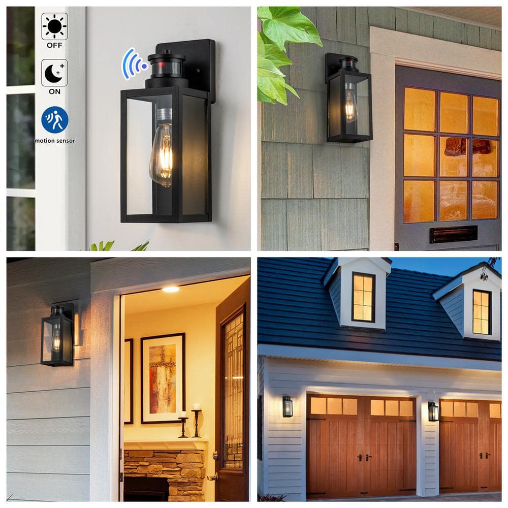 Matte Black Motion Sensor Outdoor Wall Lantern Set