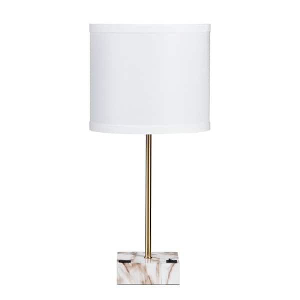 Tilbury 19 in. Polished Gold Faux Marble USB Standard Table Lamp with White Linen Shade