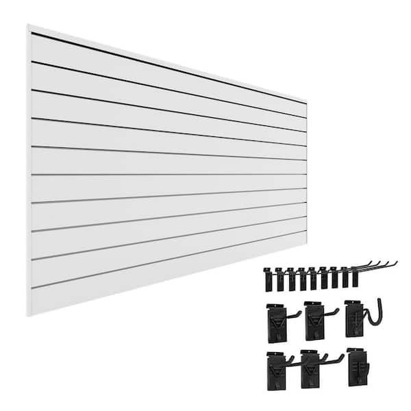 48 in. H x 96 in. W PVC Slatwall Kit with Basic Bundle in White (15-Piece)