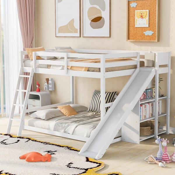 White Full over Full Bunk Bed with Ladder, Slide and Shelves