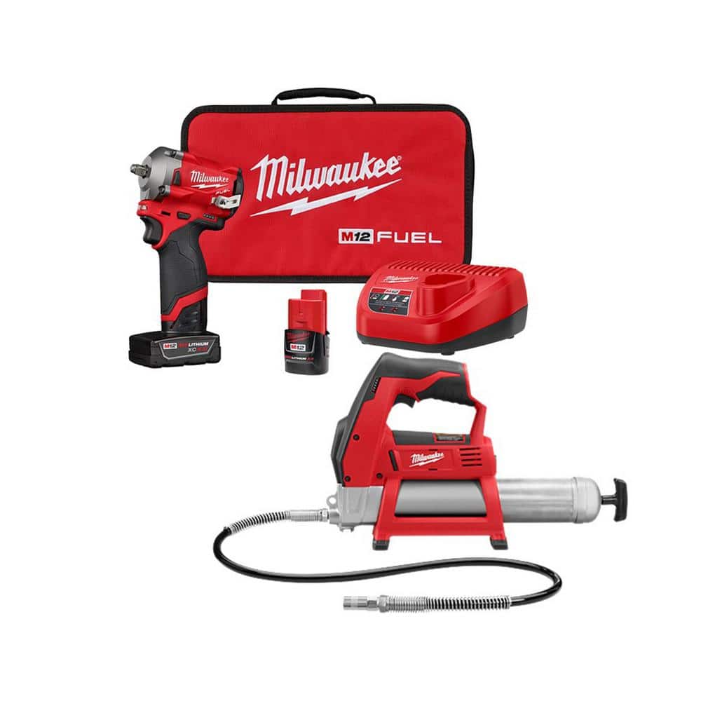 Milwaukee M12 FUEL 12V Lithium-Ion Cordless Stubby 3/8 in. Impact Wrench Kit with Grease Gun, One 4.0 and One 2.0Ah Battery -  2554-22-2446-20