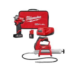 M12 FUEL 12V Lithium-Ion Cordless Stubby 3/8 in. Impact Wrench Kit with Grease Gun, One 4.0 and One 2.0Ah Battery