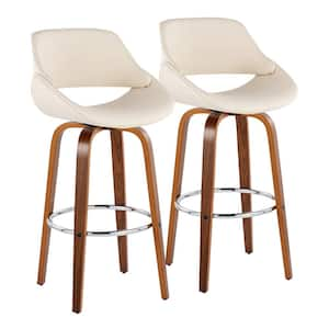 Fabrico 29.5 in. Cream Faux Leather, Walnut Wood, and Chrome Metal Fixed-Height Bar Stool (Set of 2)