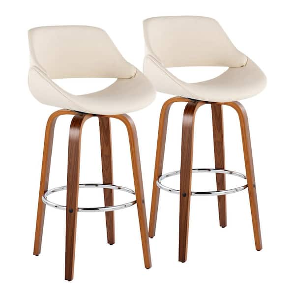 LumiSource Fabrico 29.5 in. Cream Faux Leather, Walnut Wood, and Chrome Metal Fixed-Height Bar Stool (Set of 2)