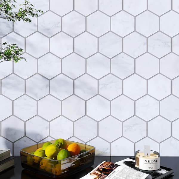 Carrara White 10.24 in. x 11.66 in. Hexagon Polished Marble Mosaic Tile (8.3 sq. ft./Case)