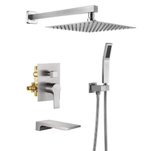 Single Handle 1-Spray Tub and Shower Faucet with 10 in. Shower Head 1.8 GPM Wall Mount in. Brushed Nickel Valve Included