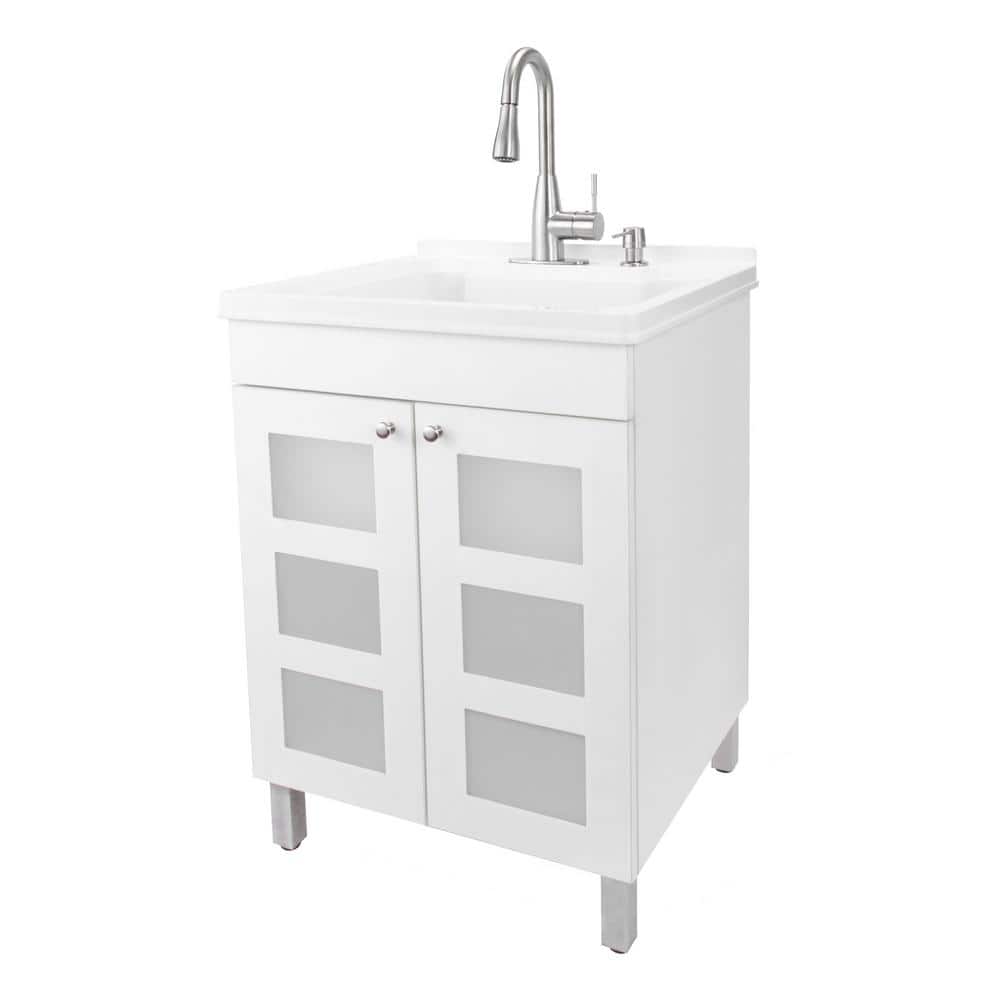 White Freestanding Laundry Sink Cabinet with Stainless Steel Faucet