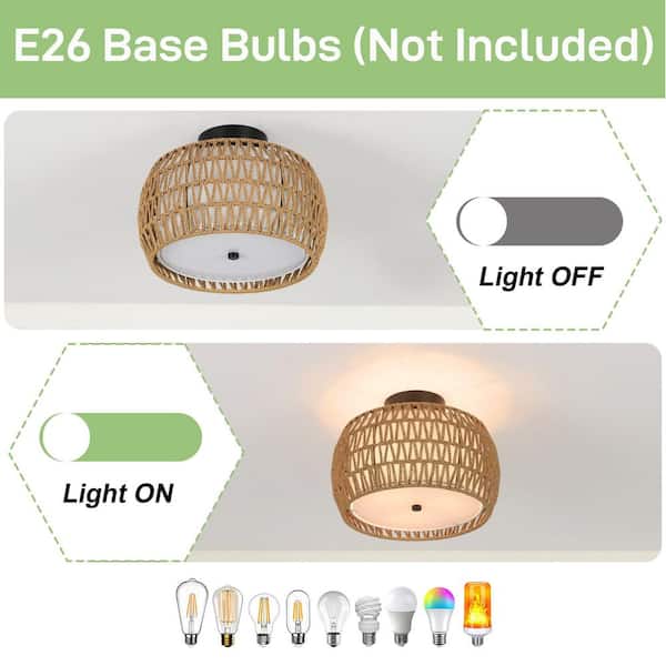 12.6 in. 3-Light Brown Boho Rattan Semi Flush Mount Ceiling Light Fixture with Fabric and Rattan Shade