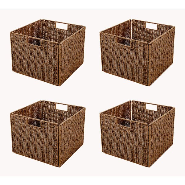 Trademark Innovations 12 in. H x 12 in. W x 12 in. L Foldable Wicker Cube Storage Bin with Iron Wire Frame (Brown, Set of 4)