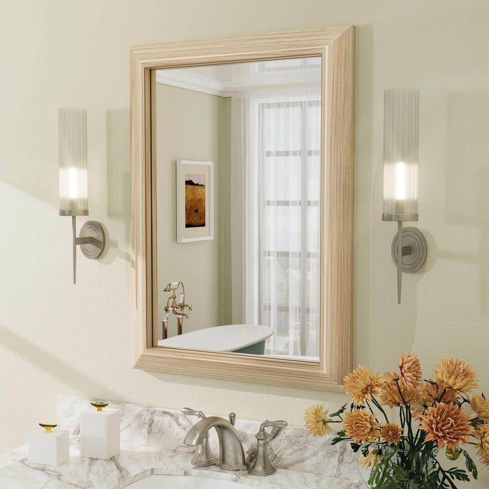 20 in. W x 28 in. H Rectangular Aluminum Alloy Framed & Tempered Glass Wall Bathroom Vanity Mirror in Light Yellow Wood price history on PriceWatchPro