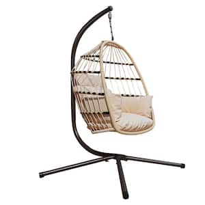 Foldable 1-Person Black Metal Patio Swing with Stand and Beige Cushion