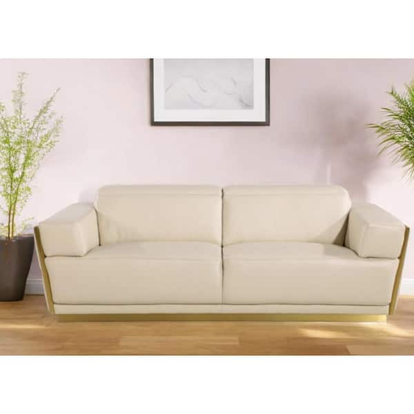 HomeRoots Amelia 89 in. Straight Arm Leather Rectangle Sofa in Beige