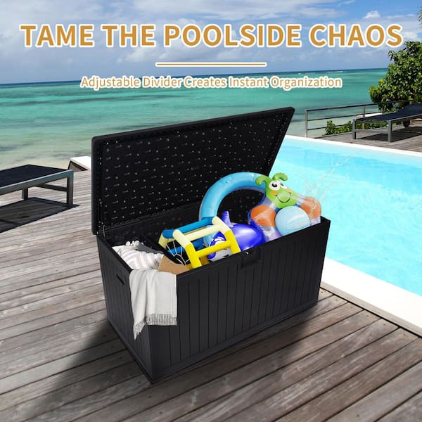 260 gal. Resin Deck Box Plastic Patio Outdoor Lockable Storage Box with 6 Lifters Handle and Removable Divider in Black