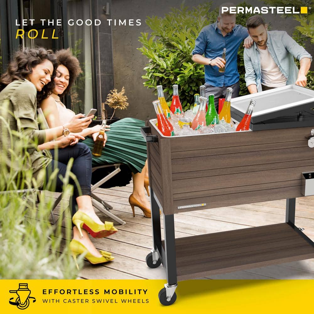 Permasteel 80-Quart Brown Woodgrain Rolling Patio Cooler with Insulated Basin