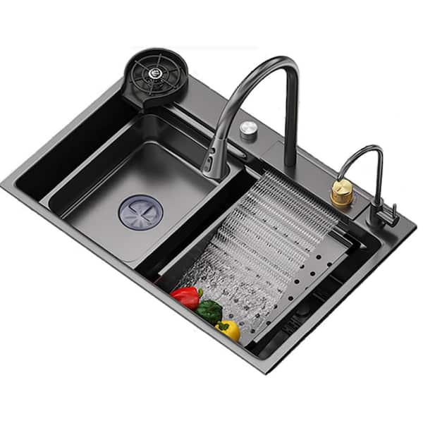 31.5in. Drop-In/Undermount Single Bowl 13 Gauge Gunmetal Black Stainless Steel Kitchen Sink with Faucet and Bottom Grids