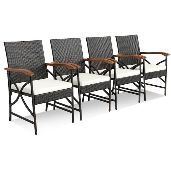 Costway 4-Pieces PE Wicker Outdoor Dining Chairs with Soft Zippered Off White Cushions Armchairs Balcony