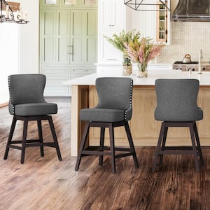 Zola 26 in. Gray Fabric Wood Frame Upholstered Swivel Bar Stool (Set of 3)