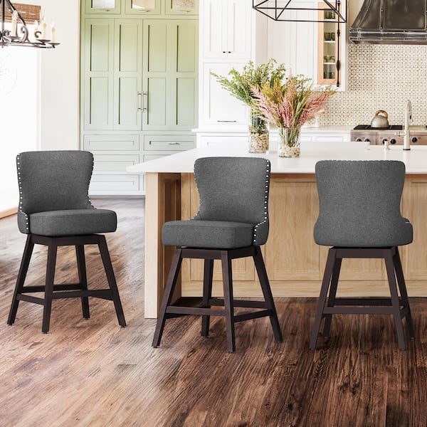 Zola 26 in. Gray Fabric Wood Frame Upholstered Swivel Bar Stool (Set of 3)