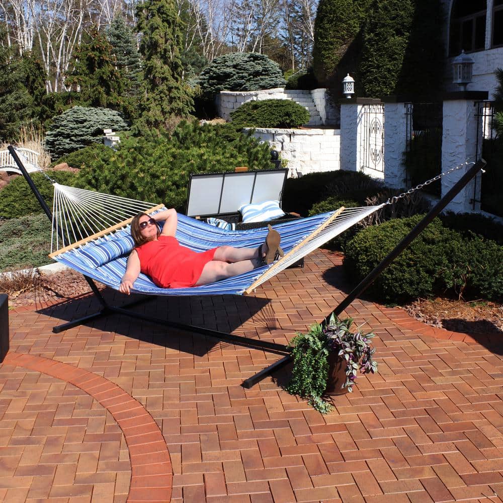 Catalina Beach Blue Quilted Fabric Hammock with Stand and Pillow