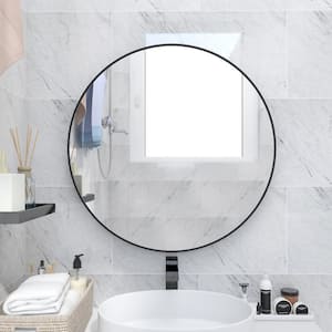 27.5 in. W x 27.5 in. H Round Metal Frame Black Mirror,for Wall Decor Big Bathroom Make Up Vanity Mirror Entryway Mirror