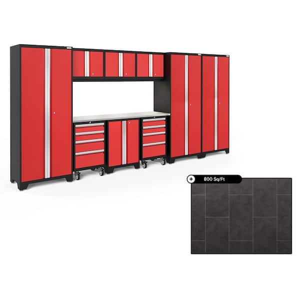 NewAge Products Bold Series 162 in. W x 76.75 in. H x 18 in. D Steel Cabinet Set in Red ( 10- Piece ) with 800 sqft Flooring Bundle