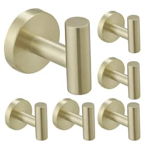 6-Pieces Round Shape J-Hook Robe Towel Hook Wall Mount Bathroom Storage Modern in Brushed Gold