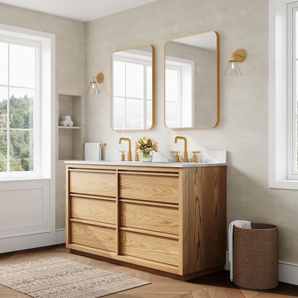 60 in. Double Sink Solid Wood Oak Bath Vanity with White Quartz Top Assembled