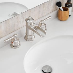 Classic 8 in. Widespread Double Handle Brass Bathroom Faucet with Pop Up Drain and Water Supply Hoses in Brushed Nickel
