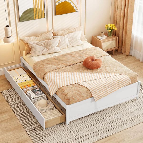 White Wooden Frame Queen Size Platform Bed frame with Rolling Storage Drawers Wood Slat Support