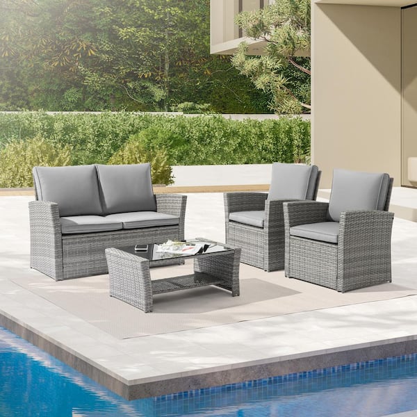 Sonkuki Outdoor Furniture 4-Piece Conversation Set with Coffee Table and Loveseat, gray rattan and Charcoal Gray cushions
