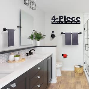 4-Piece Bathroom Hardware Set with Towel Bar, Robe Hook and Toilet Paper Holder in Black