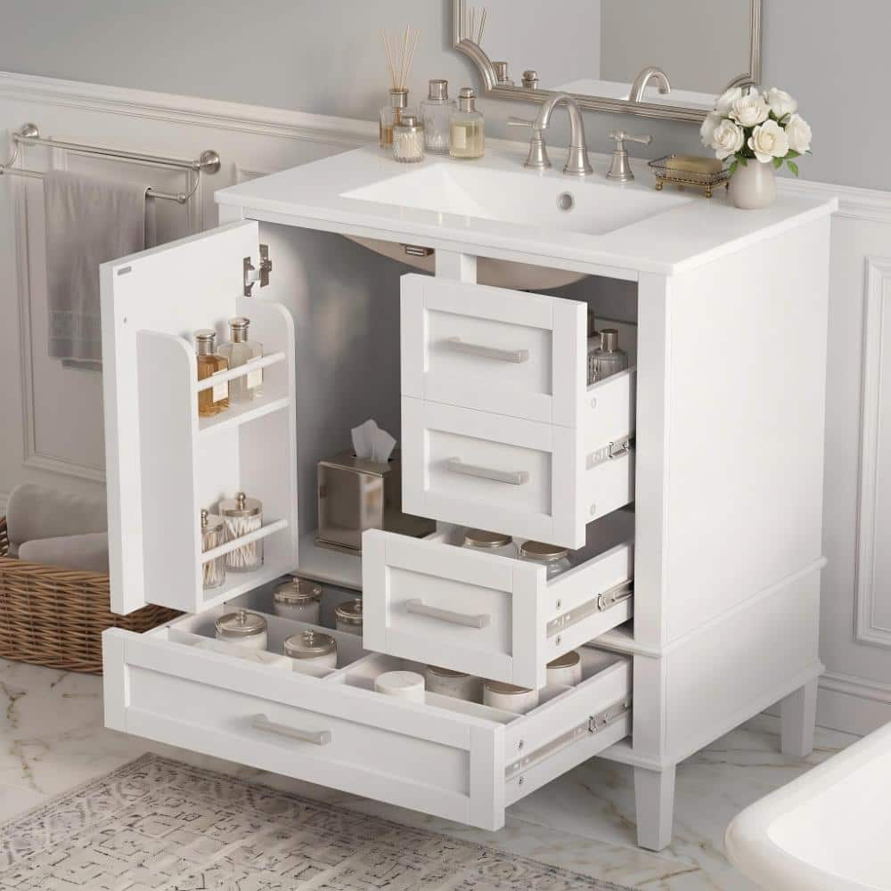 30 in. W White Freestanding Solid Wood Storage Bathroom Vanity With Ceramic Top, Door Shelves & Drawer