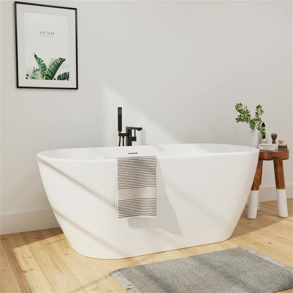 59 in. Acrylic Freestanding Flatbottom Bathtub Soaking SPA Stand Alone Seamless Tub in White