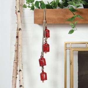 Red Metal Tibetan Inspired Cylindrical Decorative Cow Bells with 4 Bells on Jute Hanging Rope
