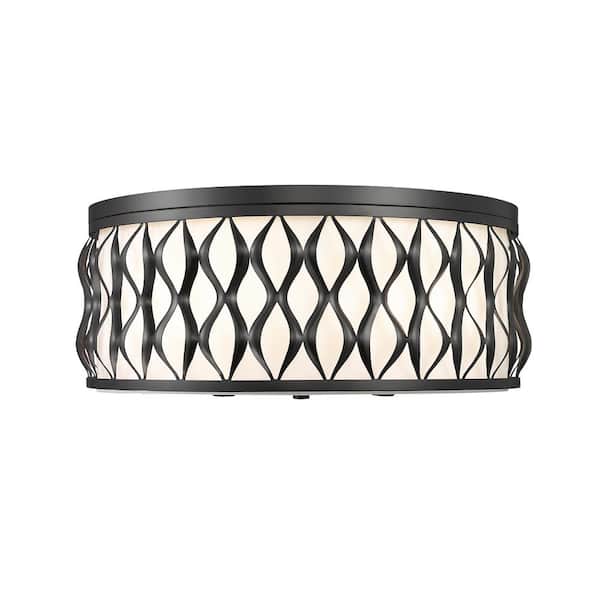 Unbranded Harden 20.25 in. Matte Black Flush Mount with White Fabric Shade with No Bulb Included