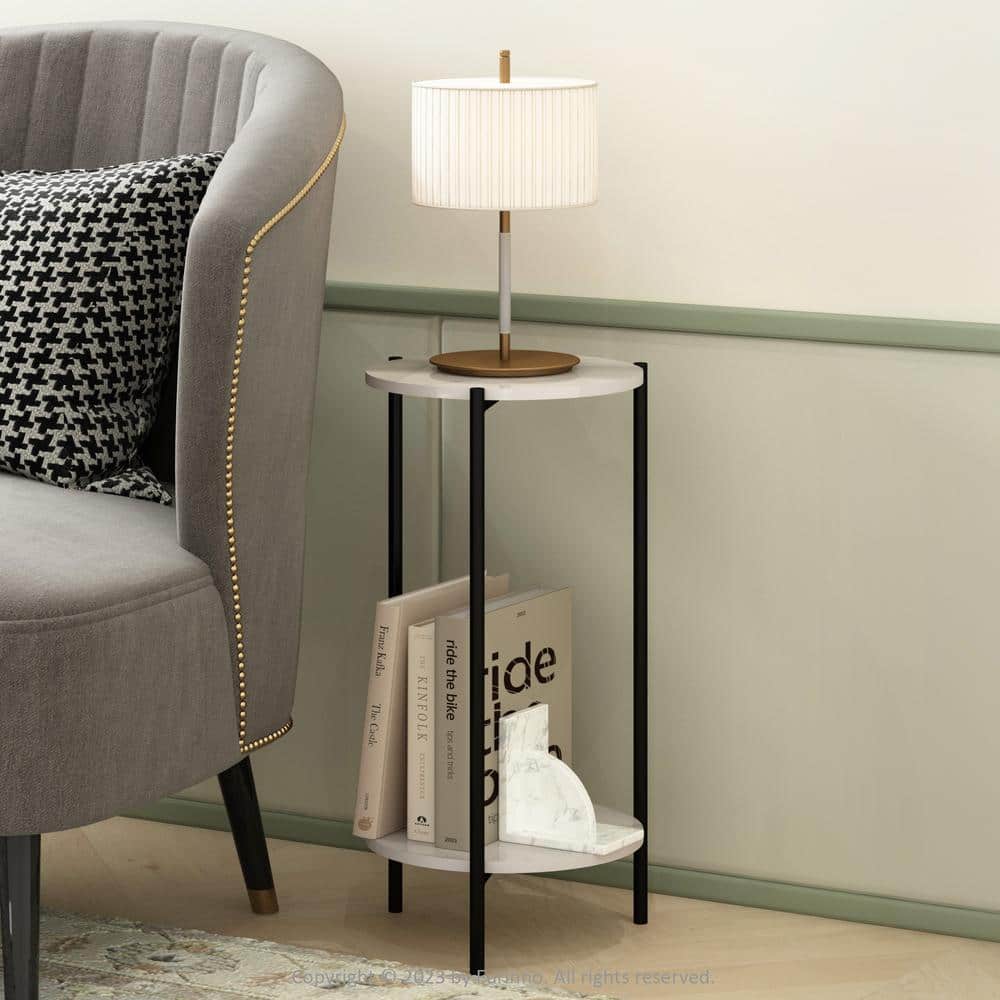 Marble White Round 2-Tier Side Table with Metal Legs