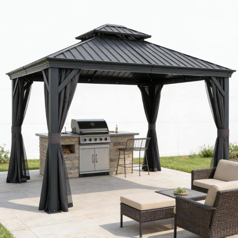 10 ft. x 13 ft. Gray Metal Outdoor Gazebo with Double Roof, Curtain and Netting for Outdoor price history on PriceWatchPro