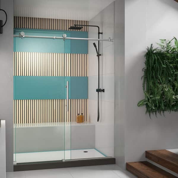 Enigma-X 56 to 60 in. x 76 in. Sliding Frameless Shower Door in Brushed Stainless Steel