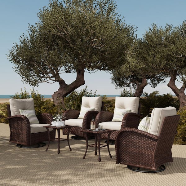 LayinSun 6-Piece Wicker Swivel Outdoor Rocking Chairs Patio Conversation Set with Beige Cushion