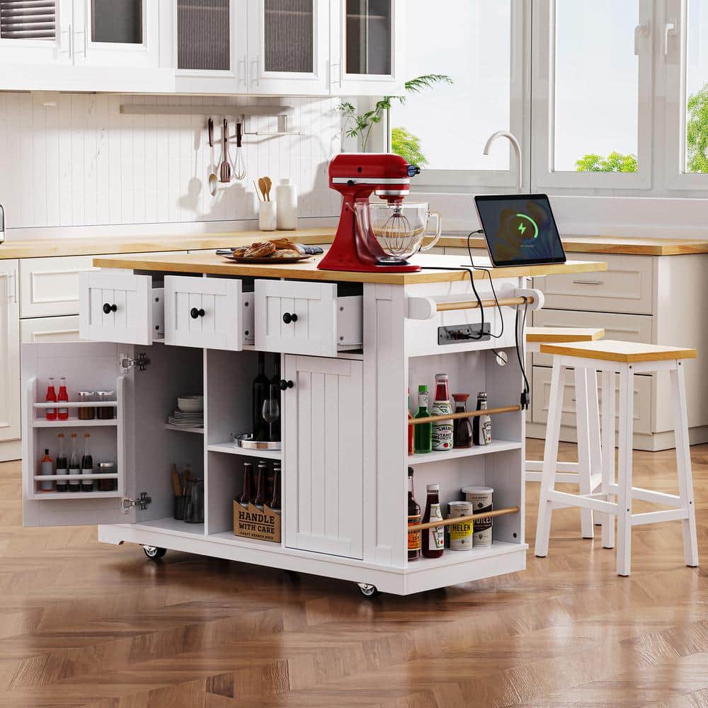 White Wood 53 in. Kitchen Island with 2 Bar Stools Power Outlet Rack 5 Whee