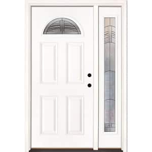 50.5 in. x 81.625 in. Rochester Patina Fan Lite Unfinished Smooth Left-Hand Fiberglass Prehung Front Door with Sidelite