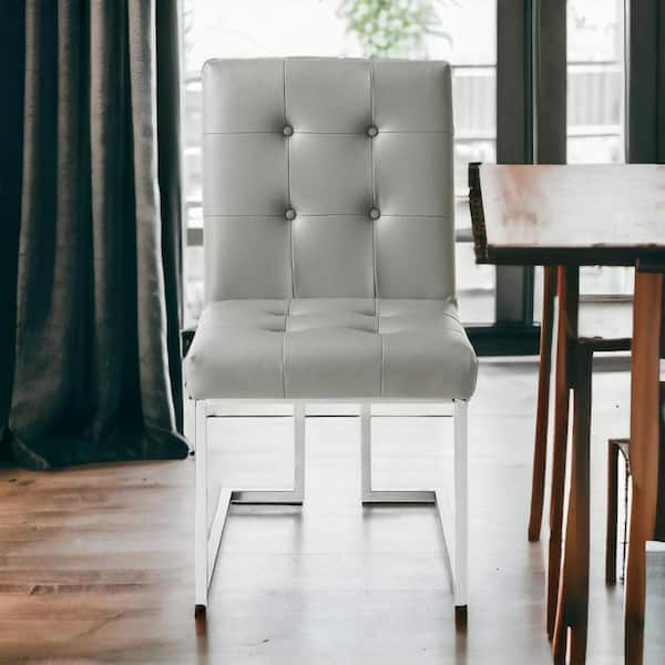 HomeRoots Tufted Light Gray And Silver Metallic Upholstered Faux Leather Side Chair (Set Of 2)