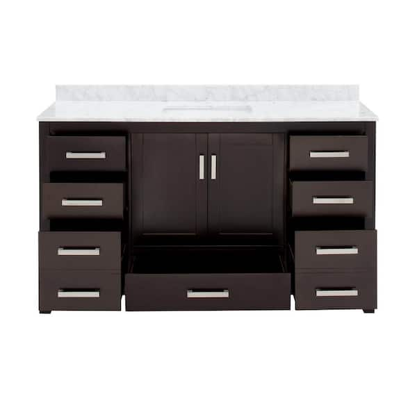 Sheffield 60 in. Vanity in Espresso with Marble Vanity Top in Carrara White and 58 in. Mirror