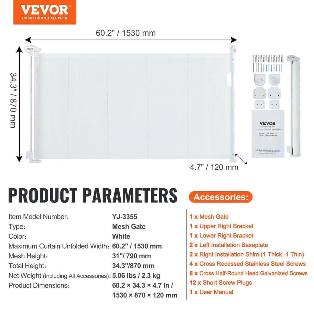 White Retractable Plastic Pet Gate for Stairways and Doorways