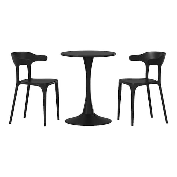 Frond and Form Outdoor Patio Modern 3-Piece Round HDPE Plastic Bistro Dining Set with Stackable Chairs, Black
