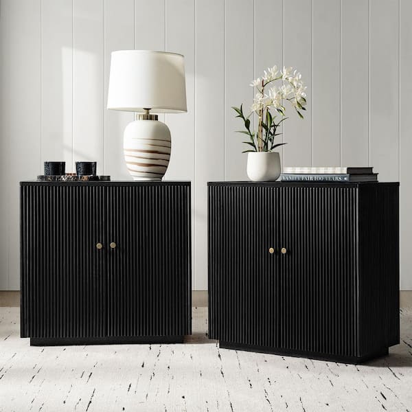 Bonnot Black 32 in. Tall 2-Door Wood Accent Cabinet with Adjustable Shelf (Set of 2)