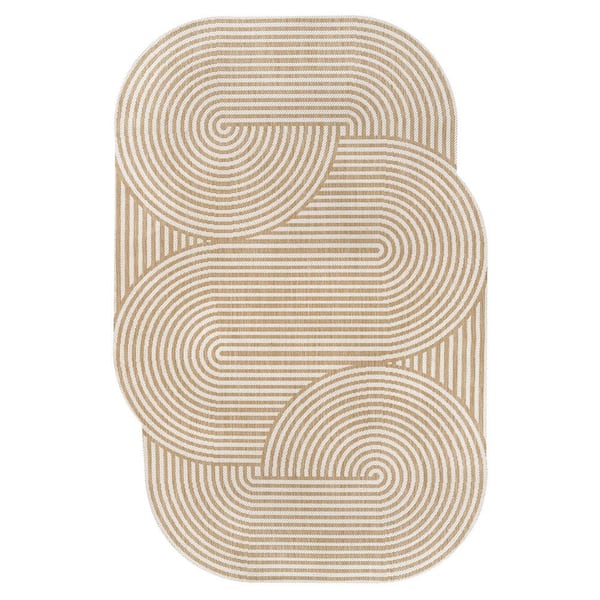Margot Modern Geometric Arch Stripe Cream/Natural 5 ft. x 8 ft. Indoor/Outdoor Shaped Area Rug